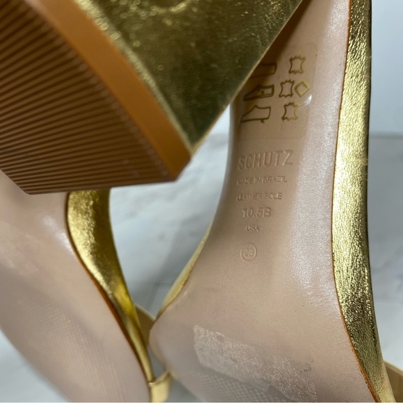 Schutz Gold Leather Ankle Strap Block Heel Sandal 10 1/2 B - Picture 13 of 16